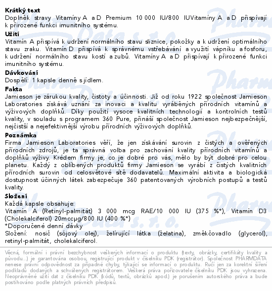 JAMIESON Vitamíny A+D 10000/800 IU Premium cps.100